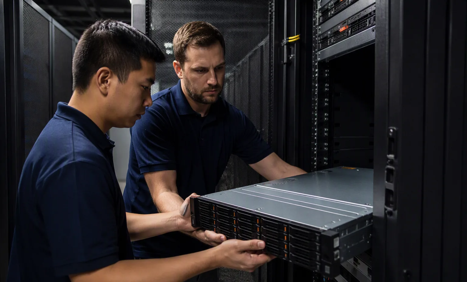 Photorealistic photograph of two technicians installing a 2U storage array into a server rack in a data center, dark aisle lighting.