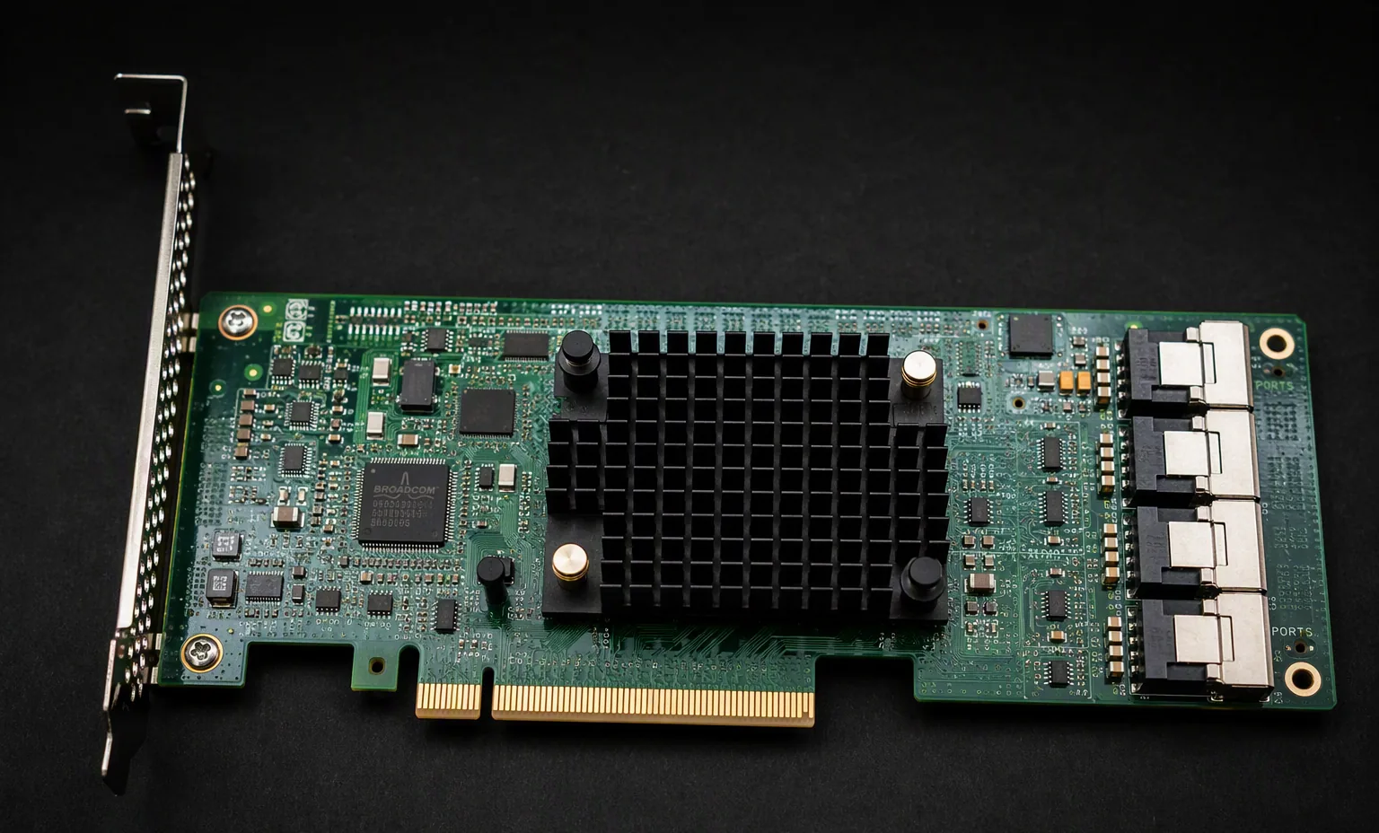 Broadcom HBA 9400-16i 12Gb SAS HBA PCIe card with 4 internal SFF-8643 connectors, top view, dark studio.
