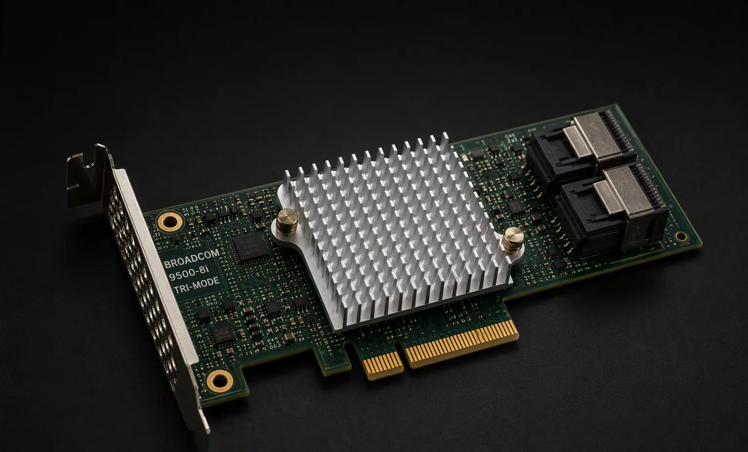 Broadcom 9500-8i Tri-Mode RAID/HBA PCIe card, heatsink and SFF-8643 ports, dark studio.