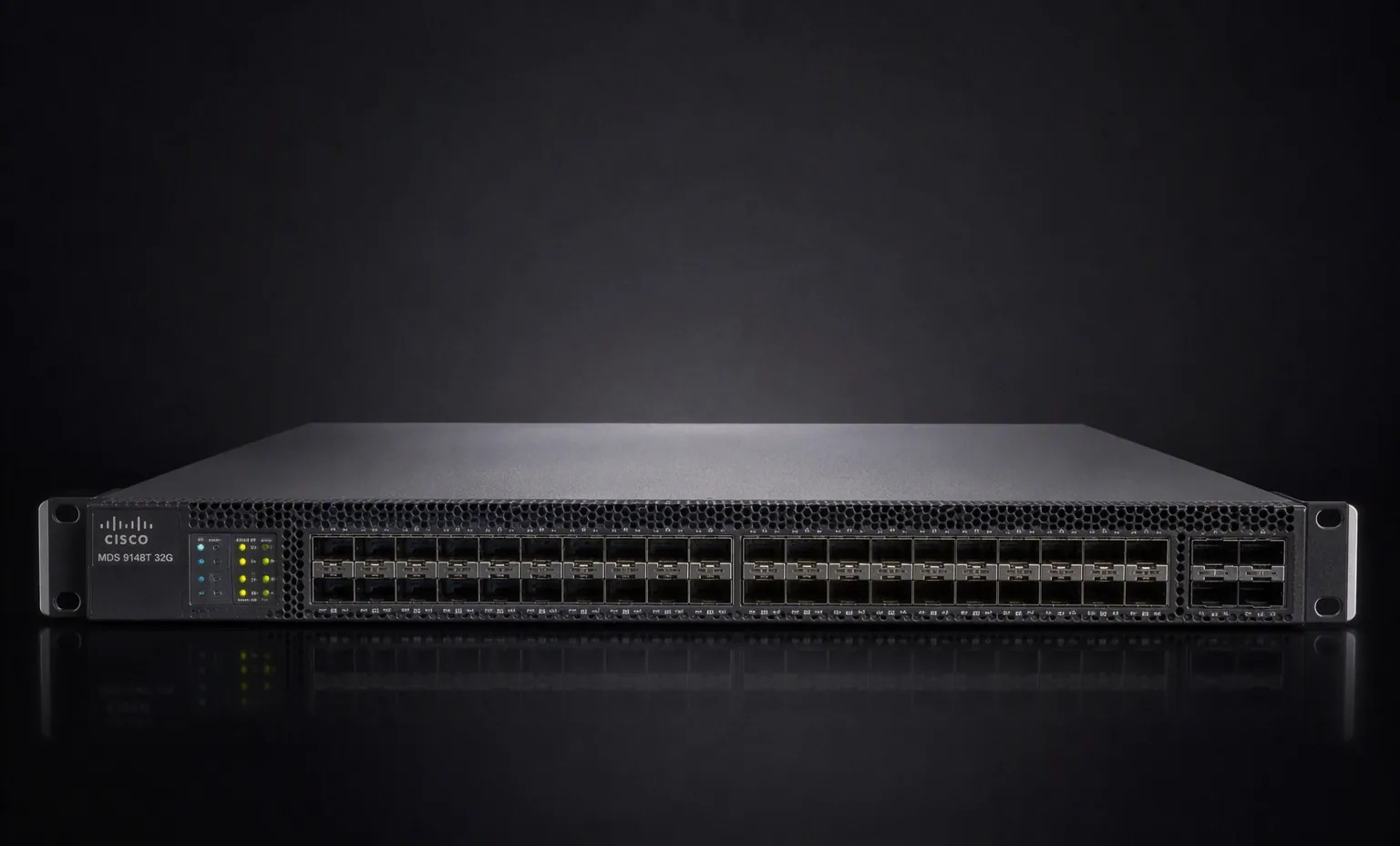 Cisco MDS 9148T 32G FC switch 1U, front view with SFP ports and LEDs, dark product photography.