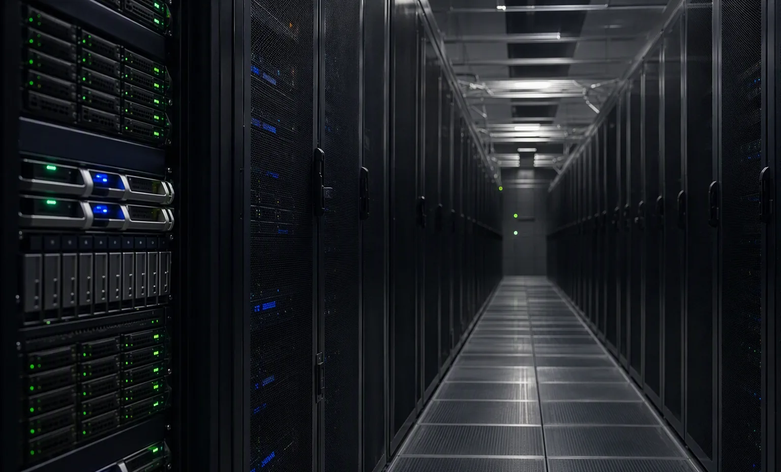 Photorealistic photograph of a row of storage arrays and disk shelves racked in a production data hall, cold aisle view, dark ambient.