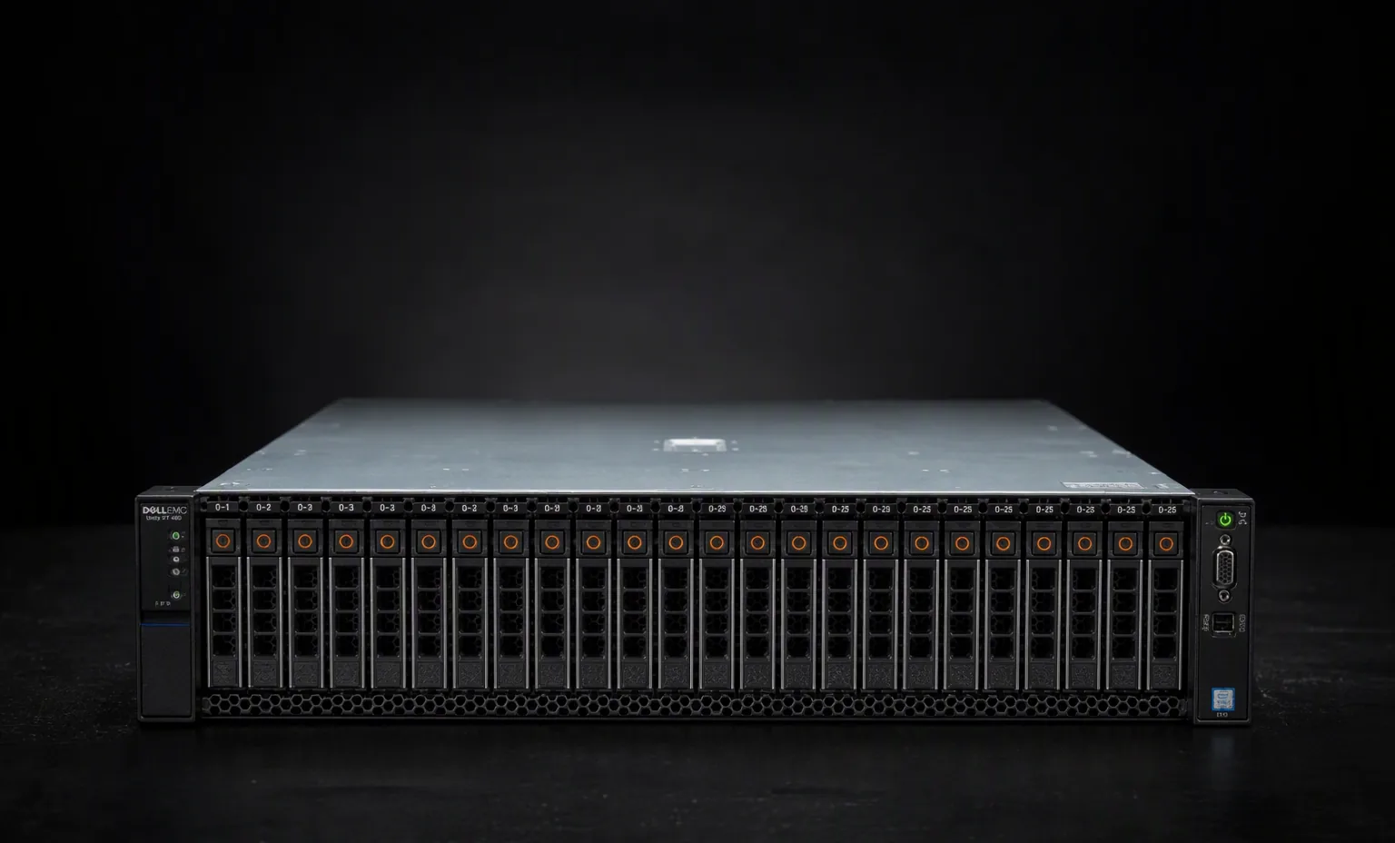 Dell EMC Unity XT 480 hybrid storage array 2U disk processor enclosure, front view with 25 drive bays, dark studio.