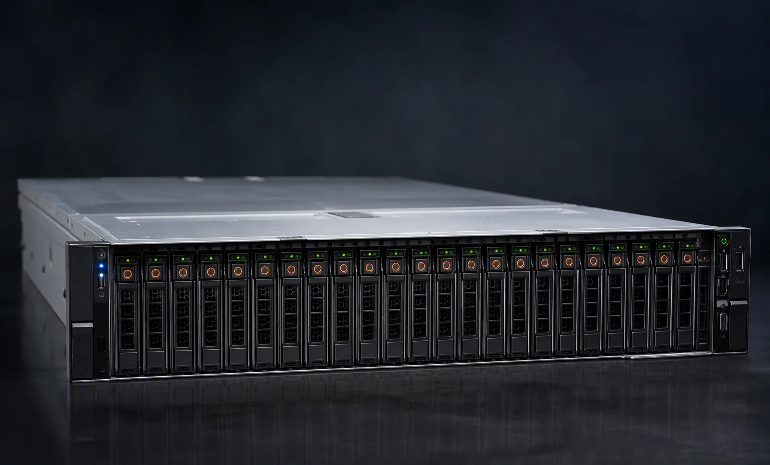 Dell PowerEdge R750 2U server chassis with 24 x 2.5 inch NVMe drive bays across the front, dark studio, enterprise server product shot.