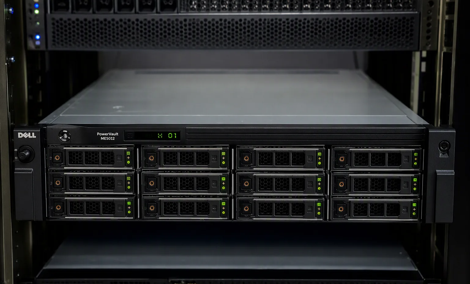 Dell PowerVault ME5012 2U 12-bay LFF storage array, front bezel view with drive bays and status LEDs, in a dark enterprise IT hardware studio.