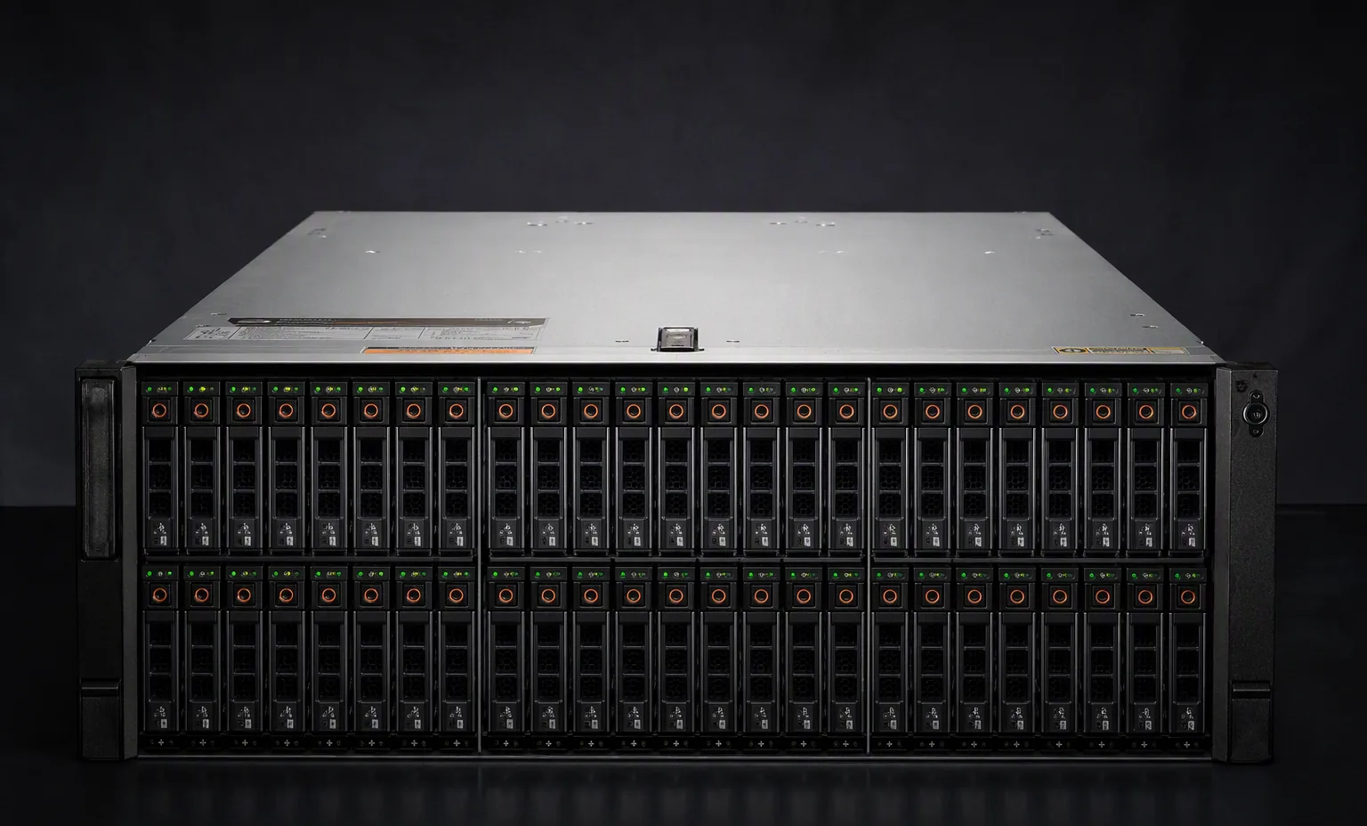 Dell PowerVault ME5084 4U 84-bay LFF dense storage array, front view with many drive bays, dark enterprise studio.