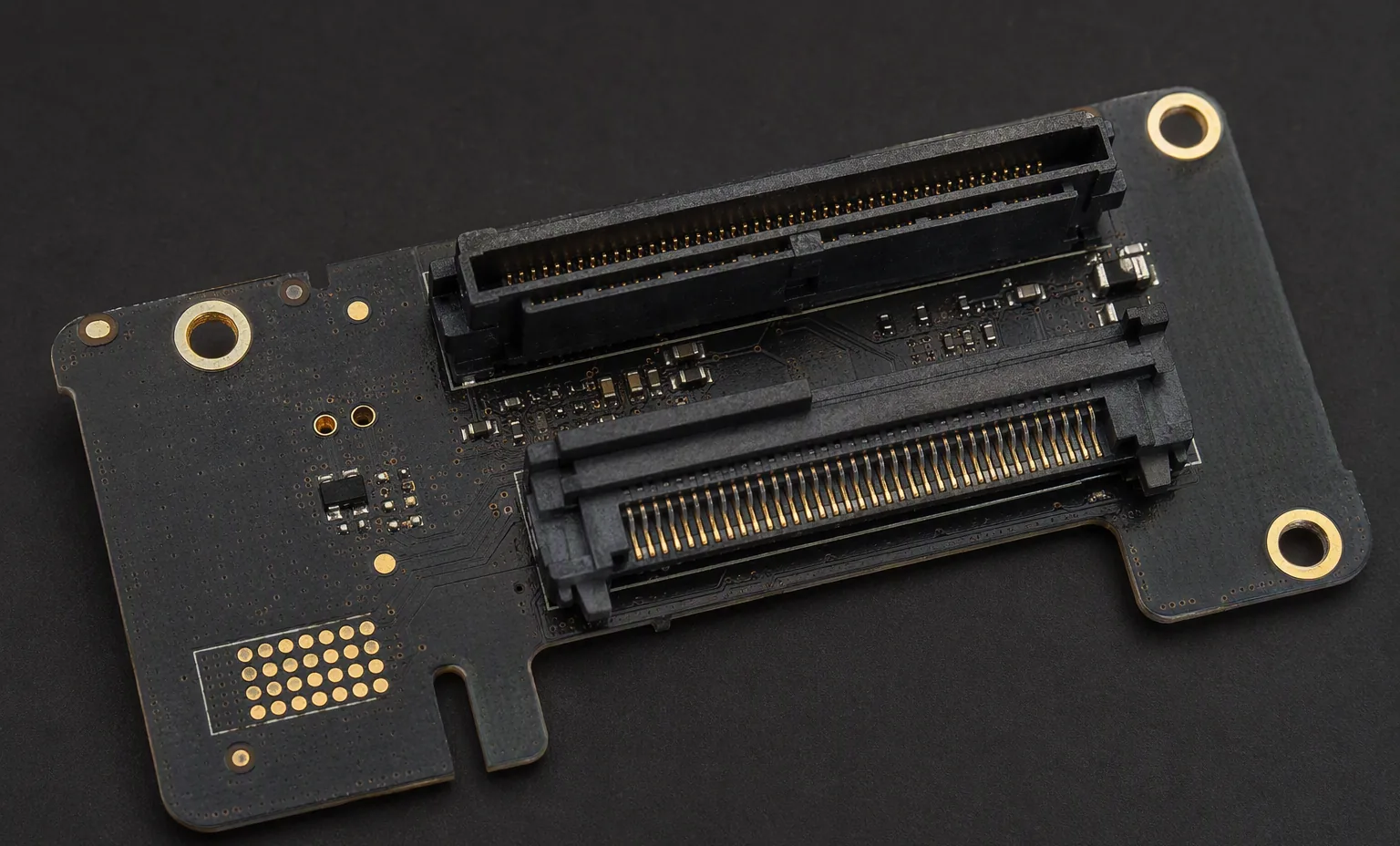 SAS drive interposer board from a drive caddy showing connector pads, macro dark shot.