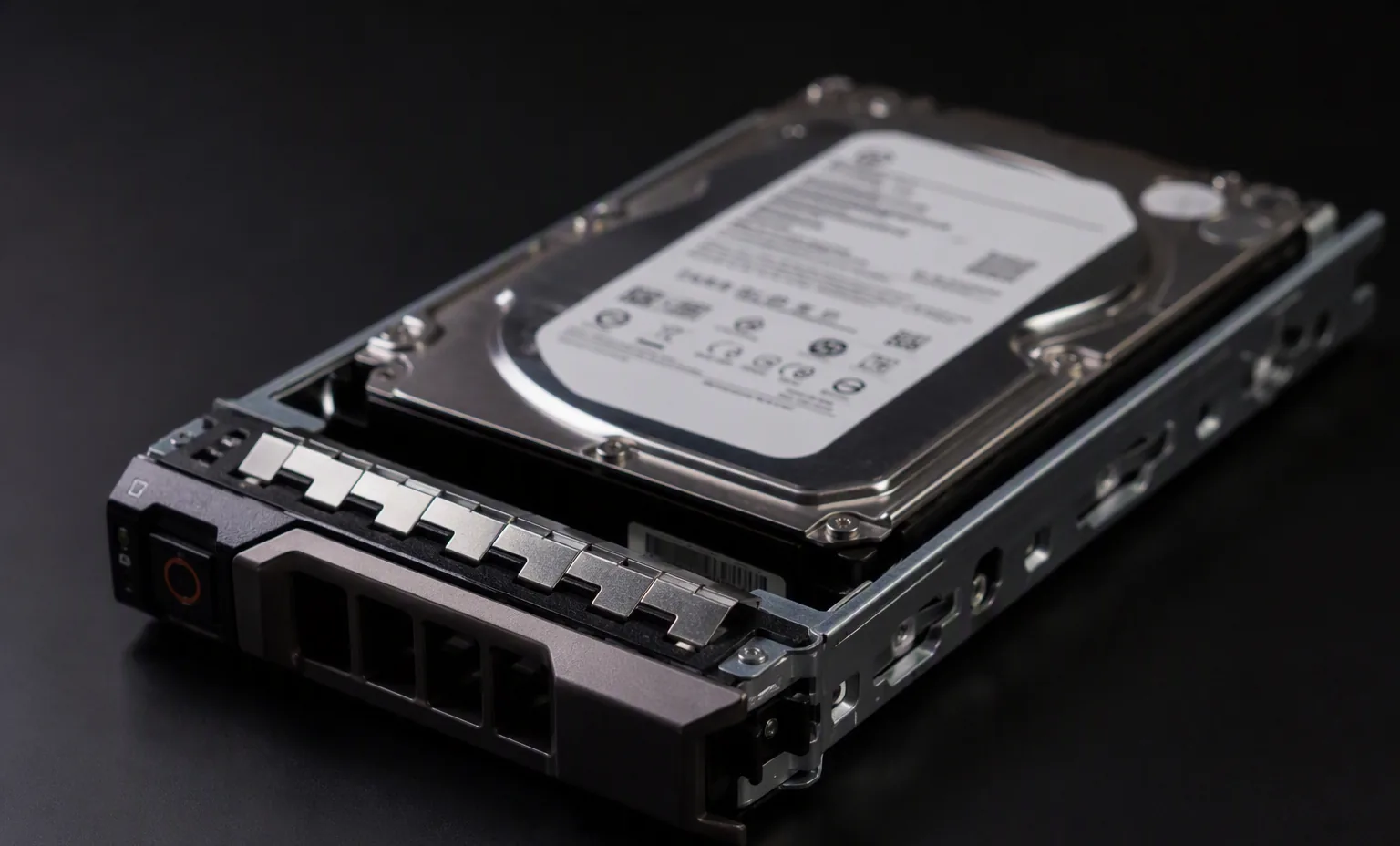 3.5 inch enterprise SAS hard drive mounted in a Dell 14th generation hot-swap drive caddy tray, dark studio.