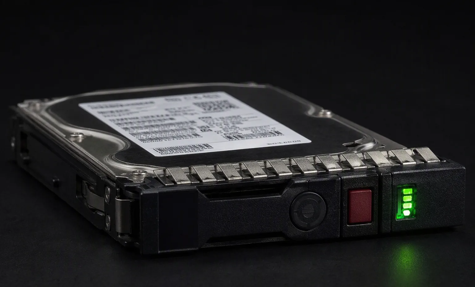 3.5 inch LFF enterprise hard drive in an HPE Gen10 smart carrier caddy with diagnostic LED display, dark studio.