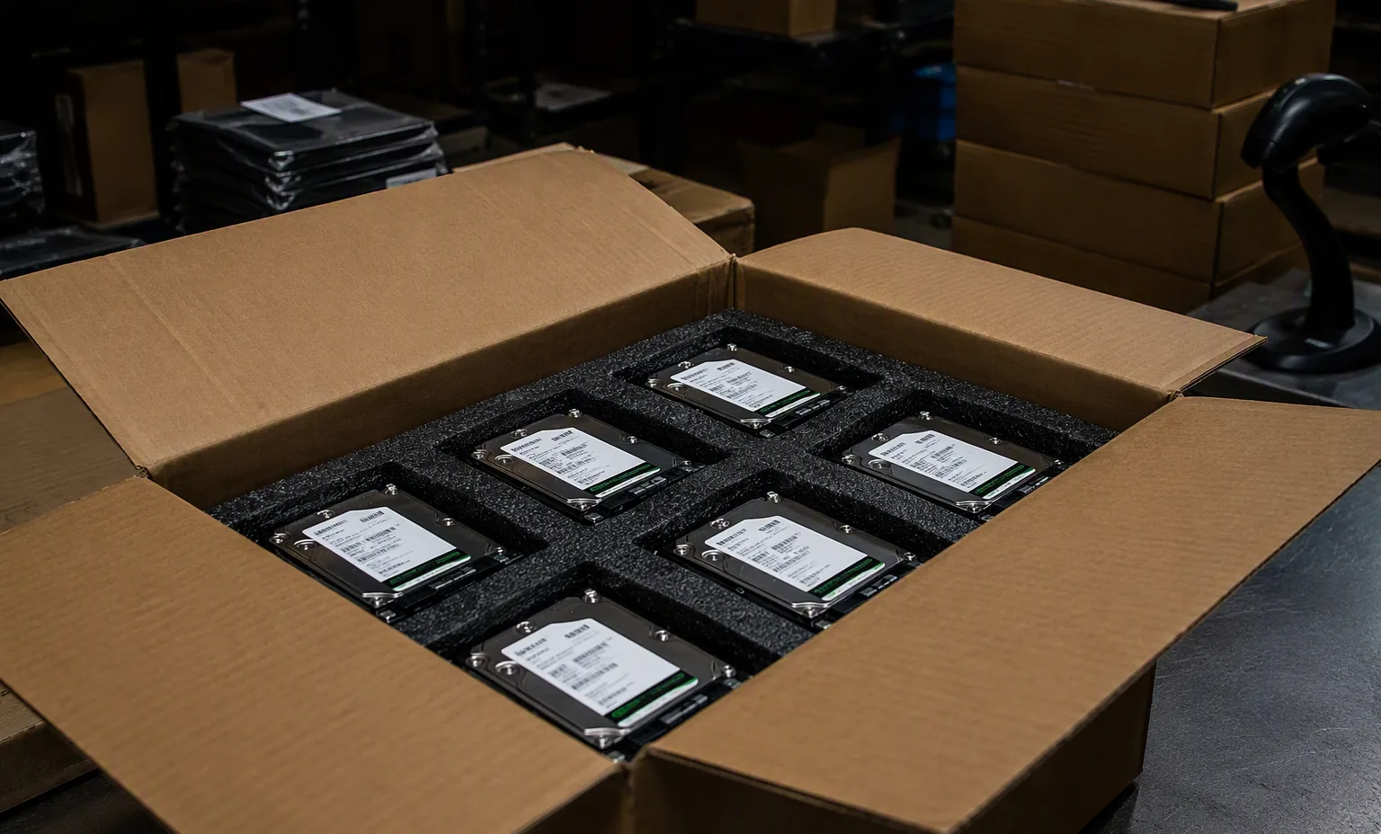 Photorealistic photograph of enterprise hard drives packed in foam inside a shipping box on a packing bench, dark warehouse.