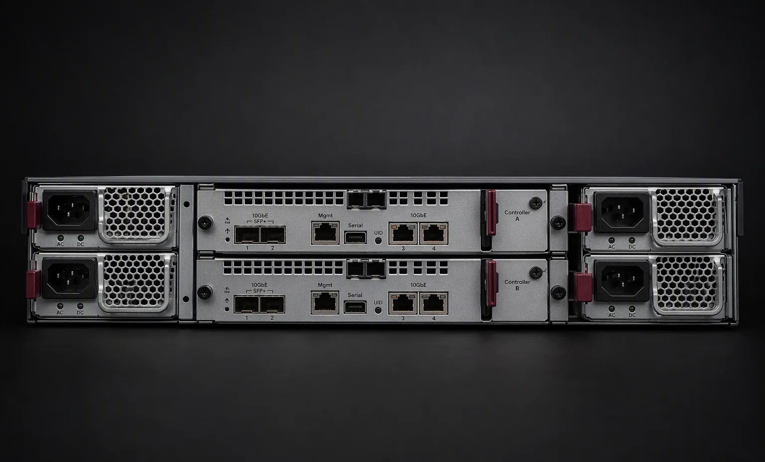 rear panel of an HPE MSA 2062 storage array, dual redundant hot-plug PSUs and dual controller modules with 10GbE SFP+ and RJ45 ports, accurate 2U 19-inch rack chassis layout, dark studio.
