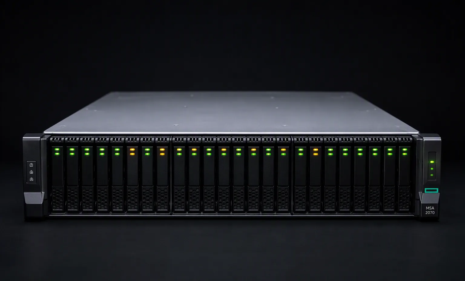 HPE MSA 2070 2U 24-bay SFF storage array, front bezel view with LEDs, dark studio product photography.