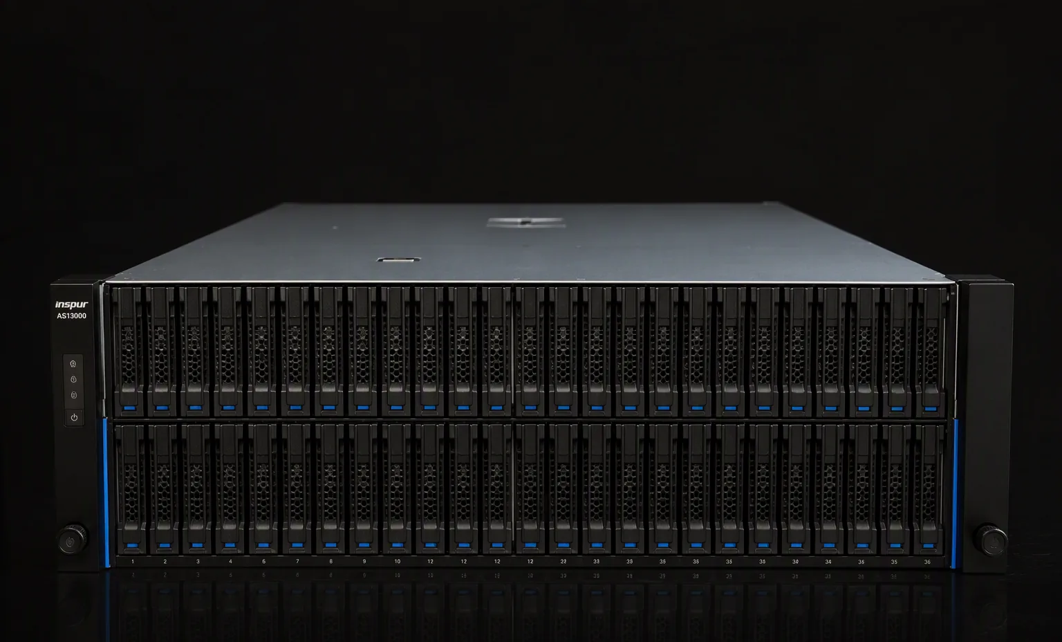 Inspur AS13000 distributed storage node 4U 36-bay chassis, front view, dark studio product photography.