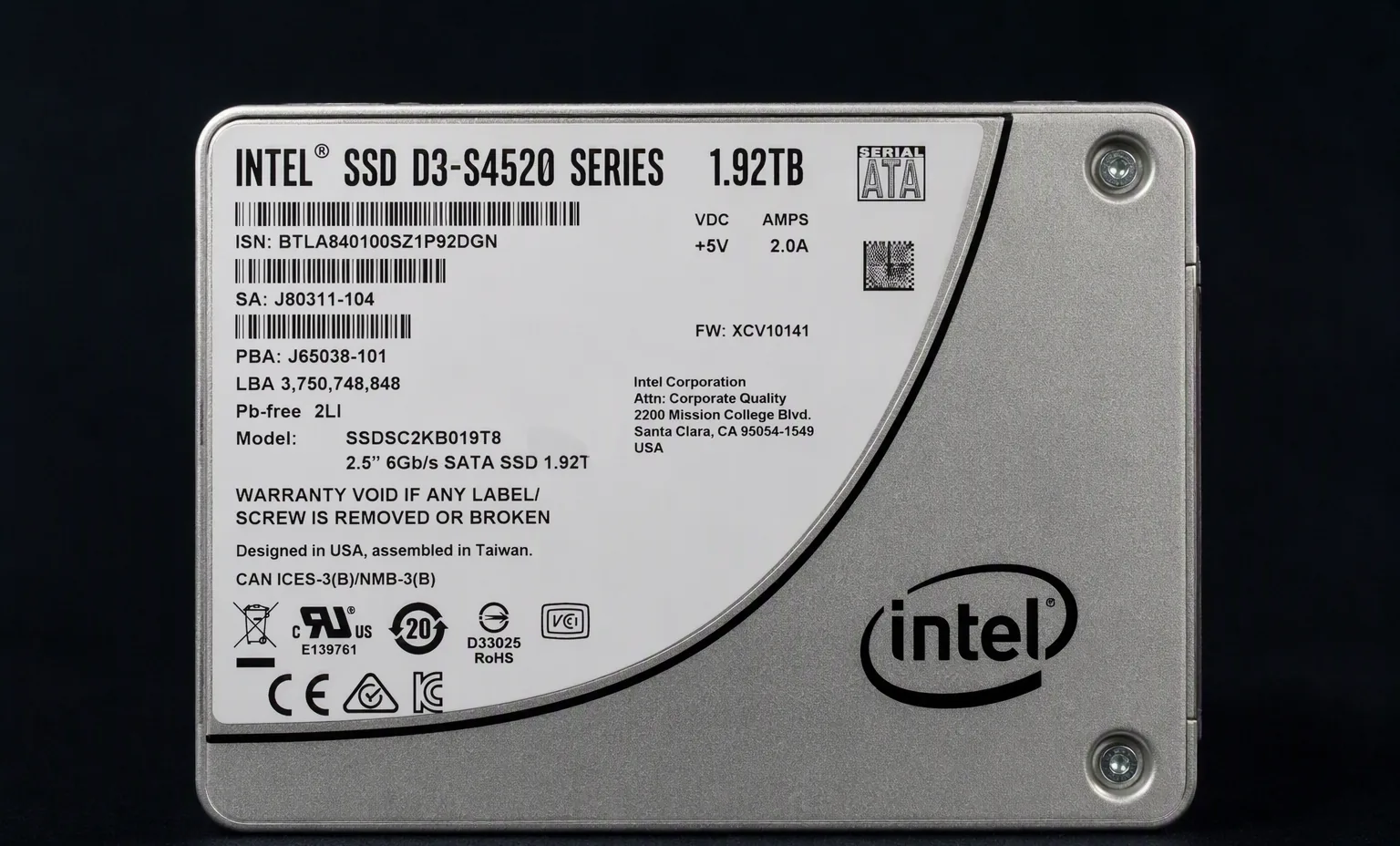 Intel SSD D3-S4520 1.92TB enterprise SATA 2.5 inch drive, label view, dark product photography.