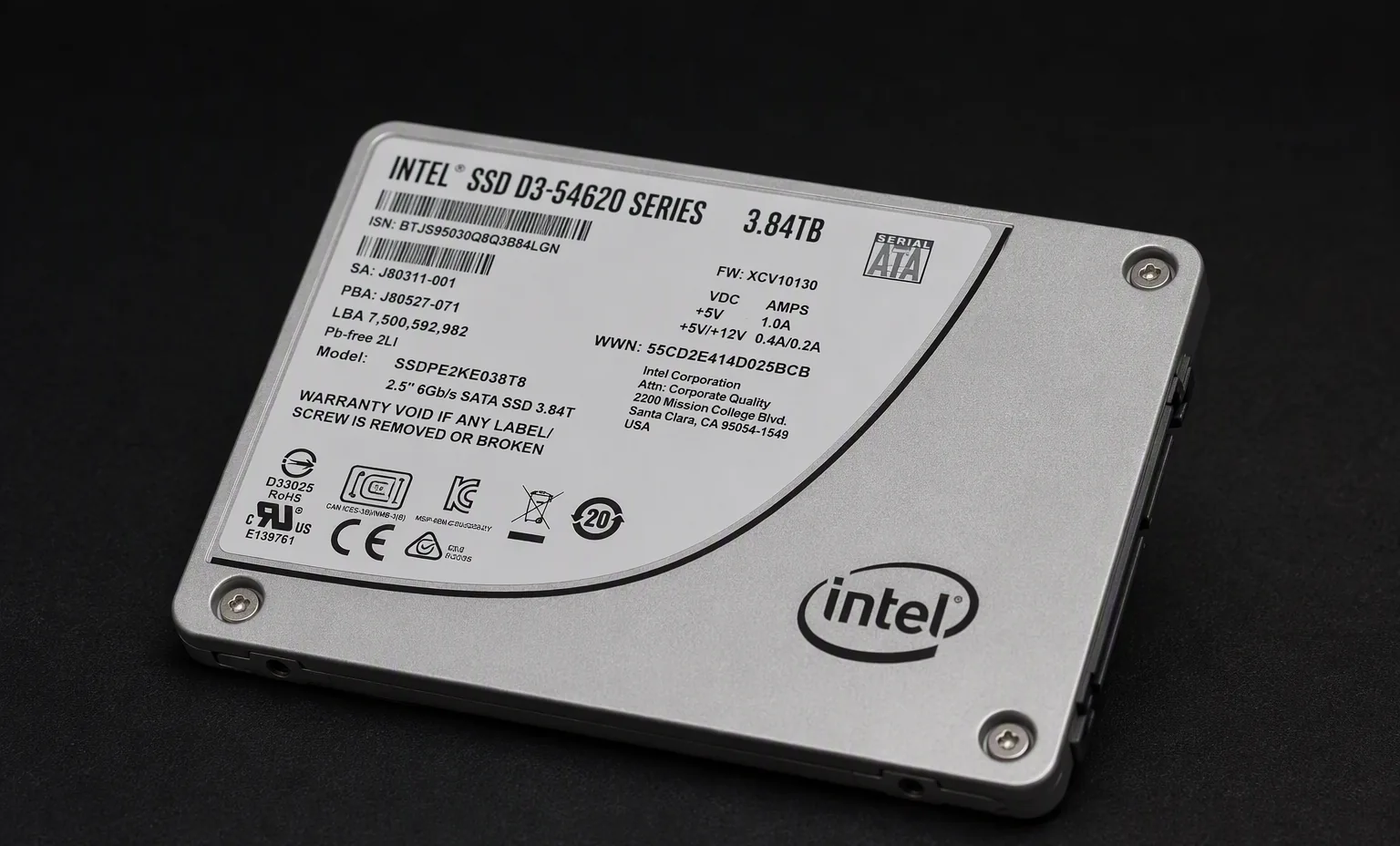 Intel SSD D3-S4620 3.84TB enterprise SATA SSD, three-quarter view, dark studio.