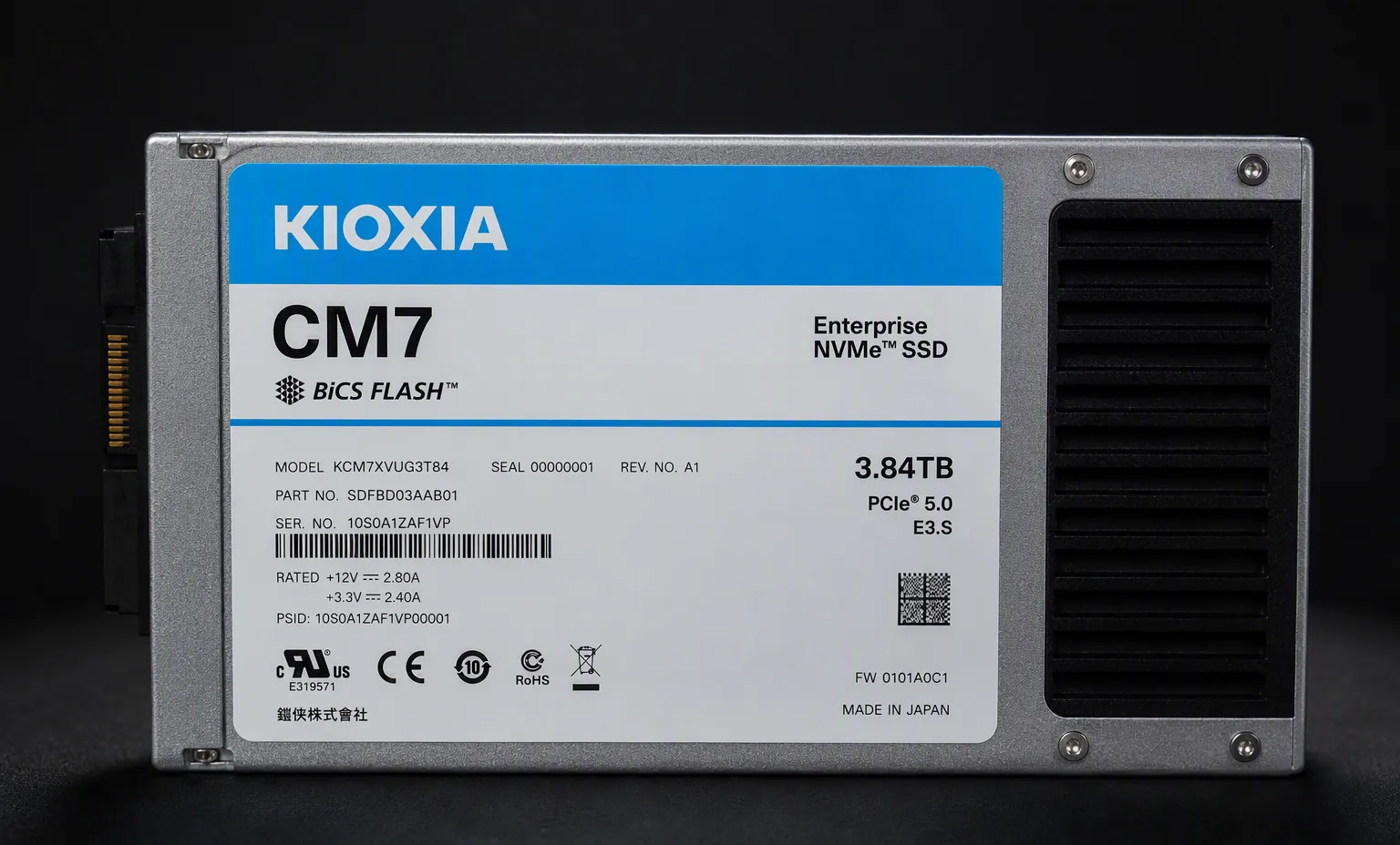 Kioxia CM7 enterprise PCIe 5.0 E3.S NVMe SSD, label view, dark product shot.