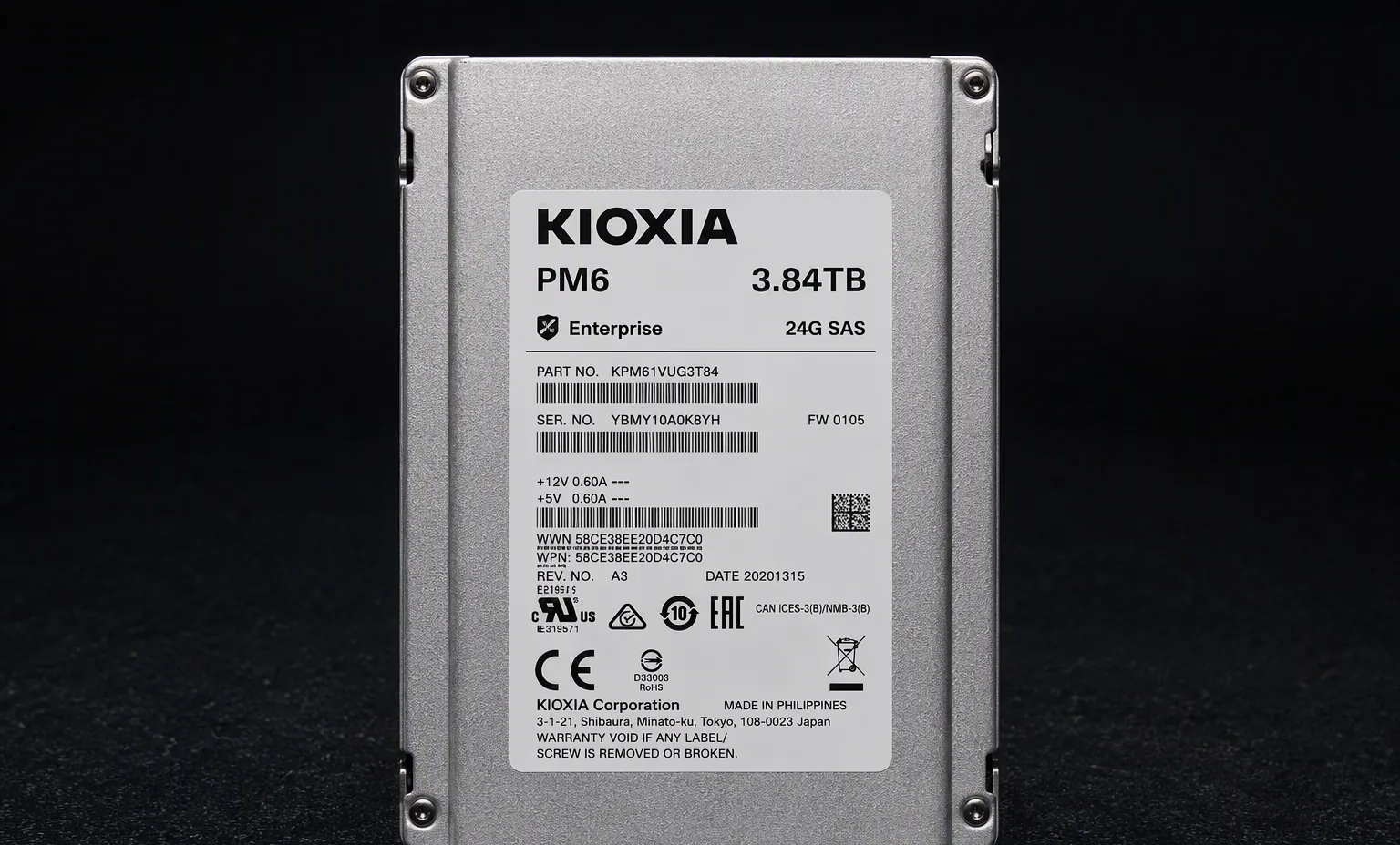 Kioxia PM6 3.84TB enterprise 24G SAS SSD 2.5 inch, label view, dark professional product shot.