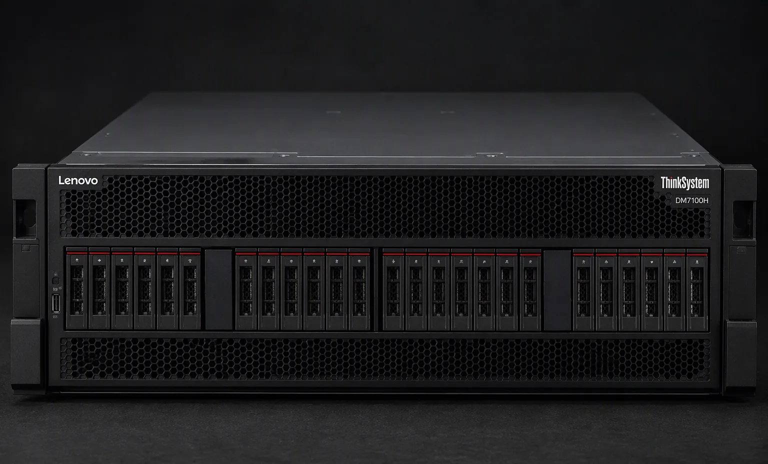 Lenovo ThinkSystem DM7100H unified storage array controller enclosure, front panel view, dark studio.