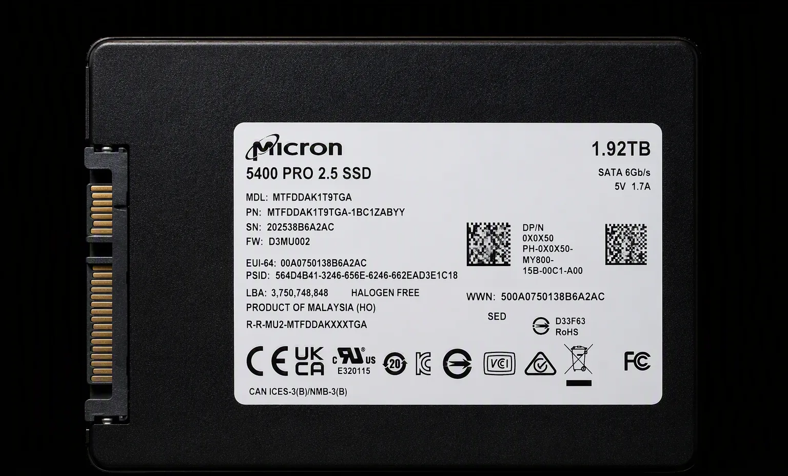 Micron 5400 PRO 1.92TB enterprise SATA 2.5 inch SSD, label side view, dark studio.