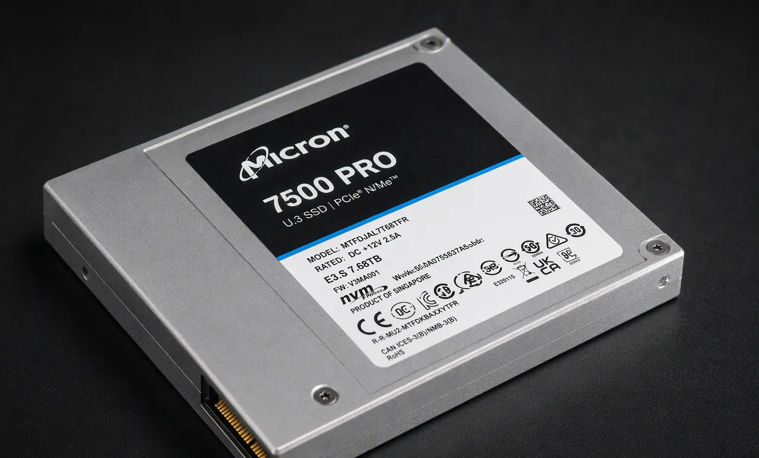 Micron 7500 PRO enterprise E3.S NVMe SSD, slim aluminum casing, dark studio.