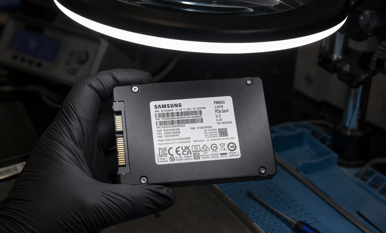 Photorealistic photograph of a technician gloved hand holding a real Samsung PM9A3 U.2 SSD under a bench magnifier lamp for label inspection, dark lab.