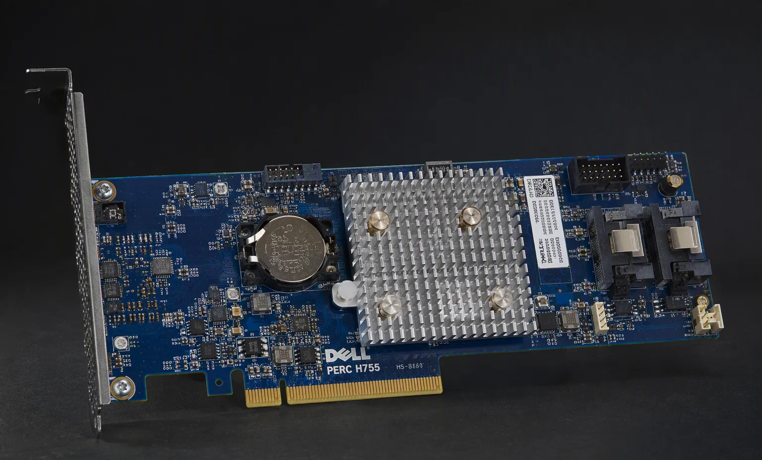 Dell PERC H755 RAID controller card in Dell blue PCB with heatsink and battery, dark studio.