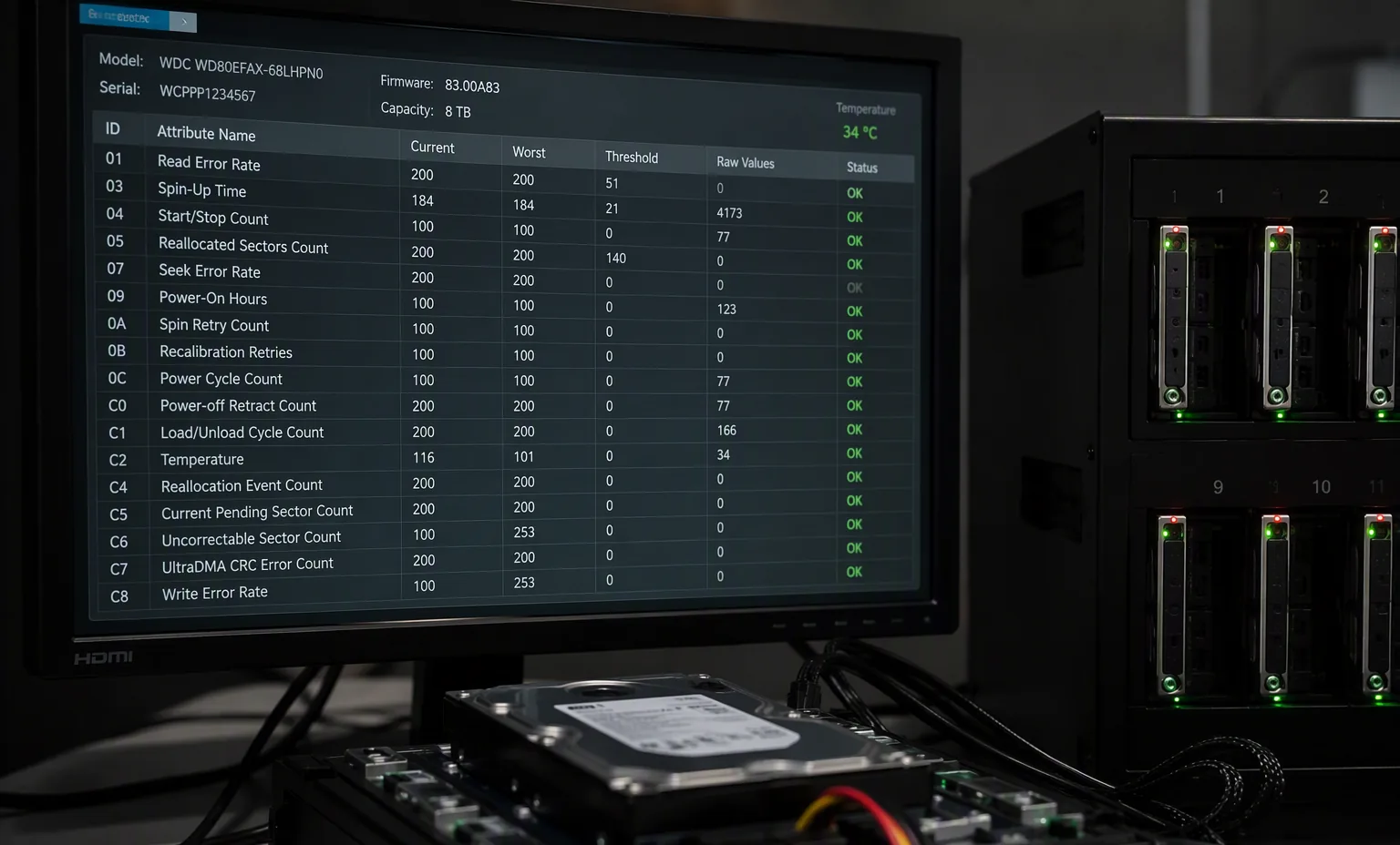 Photorealistic photograph of a drive health testing station with a monitor showing drive SMART status grid, dark lab environment.