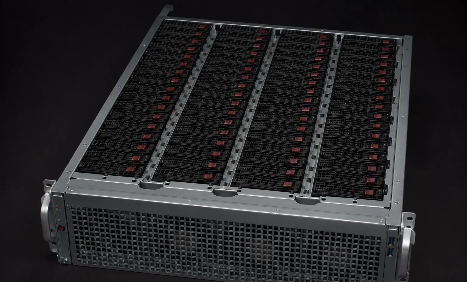 Supermicro 4U 90-bay top-loading storage server chassis SSG series, front top view showing rows of drive slots, dark studio.