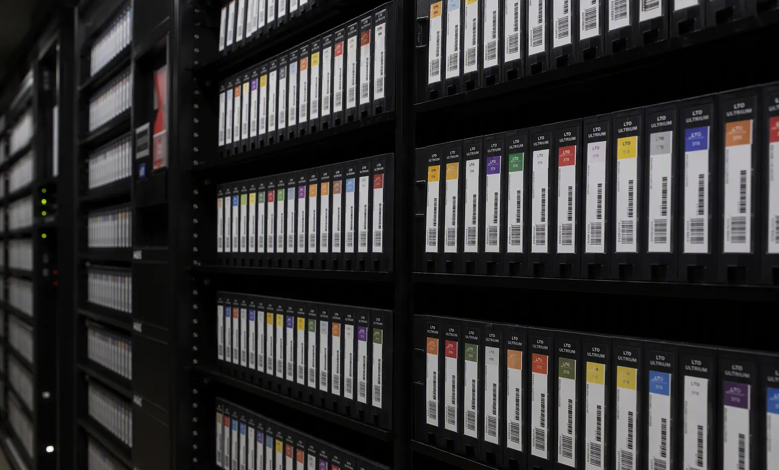 Photorealistic photograph of shelves of archived LTO tape cartridges in cases inside a dark enterprise archive room.