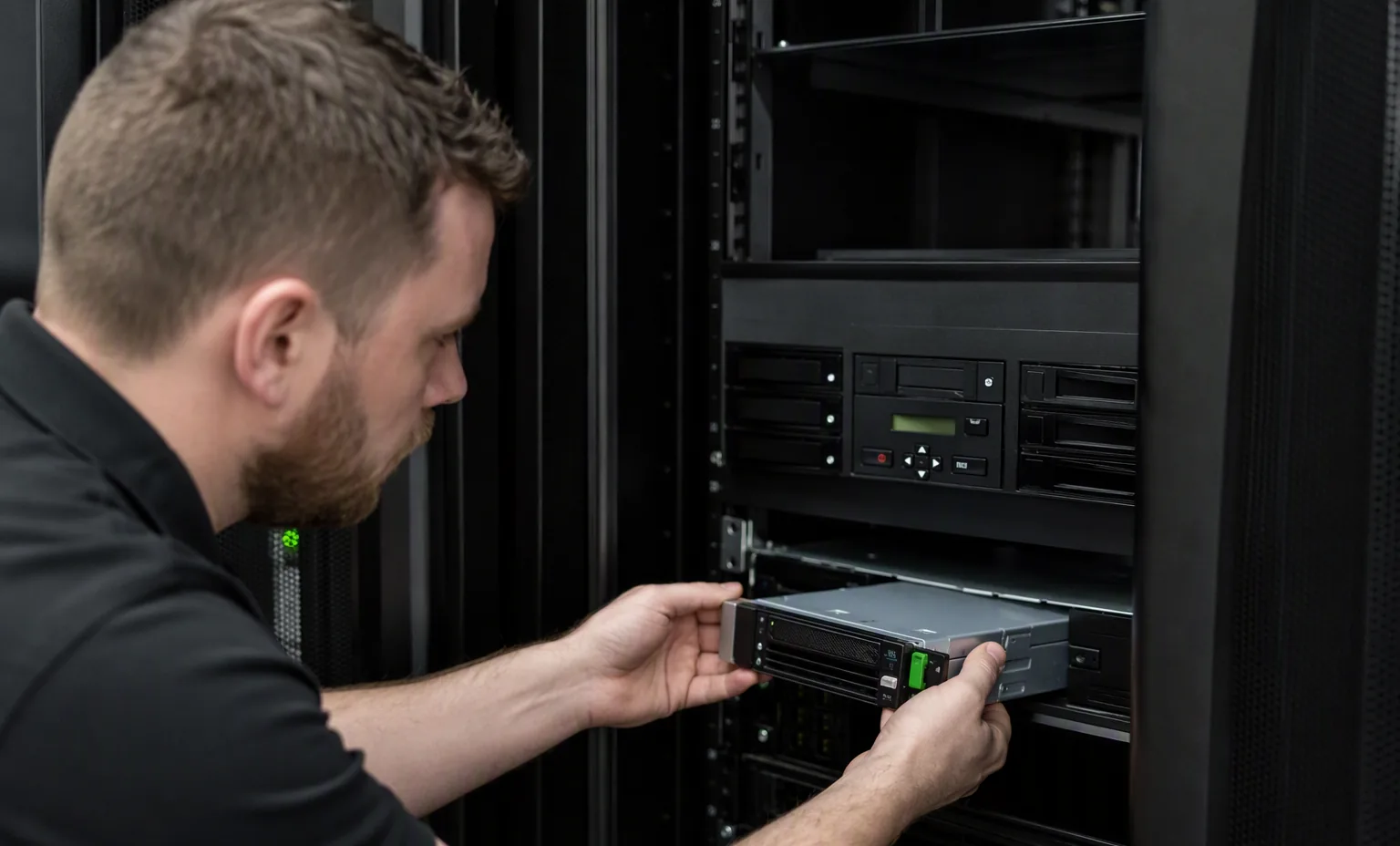 Photorealistic photograph of a technician installing a real LTO tape drive module into a rackmount library bay, dark data center.