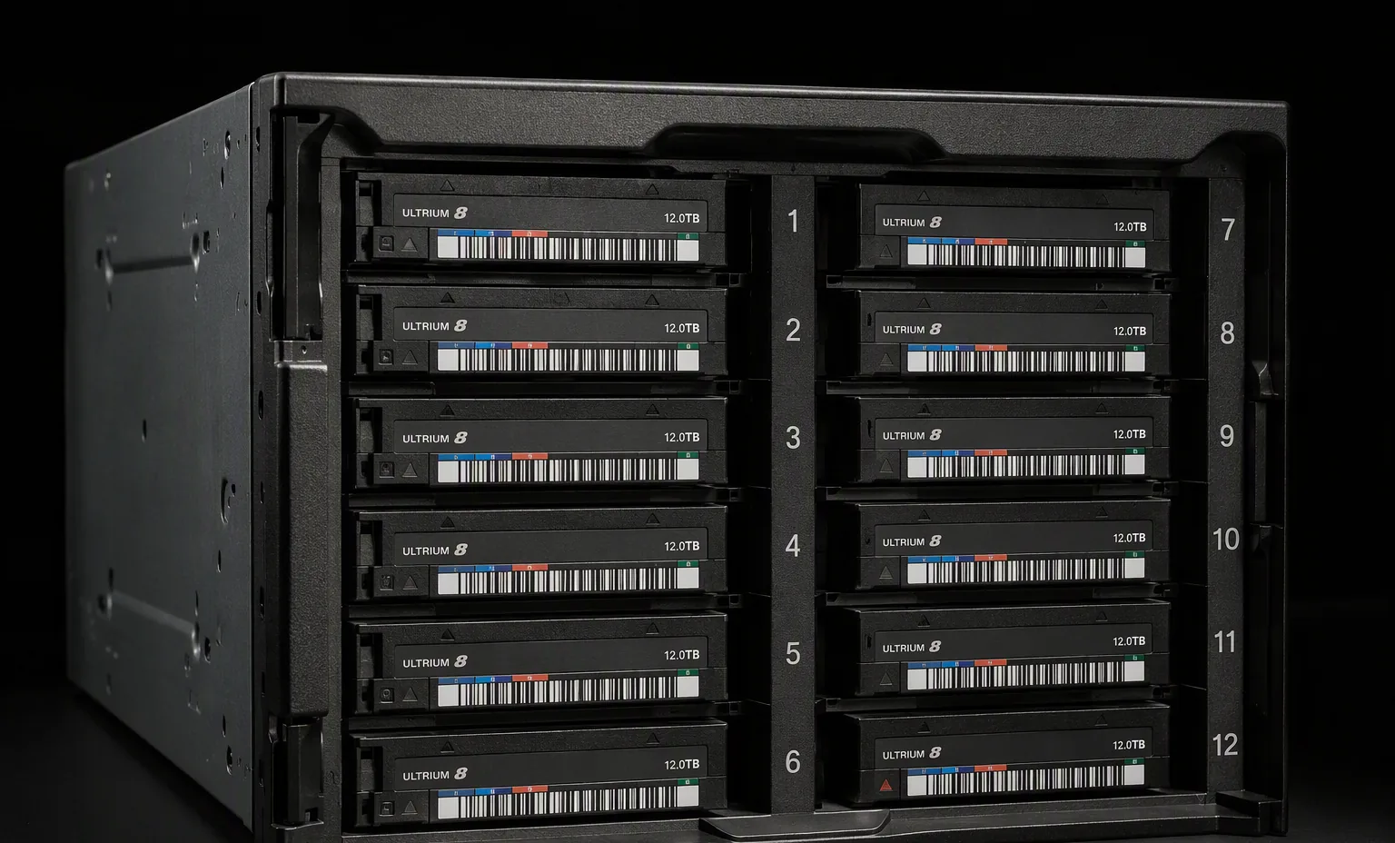 tape library magazine loaded with twelve LTO cartridges, close-up angled view, dark studio.