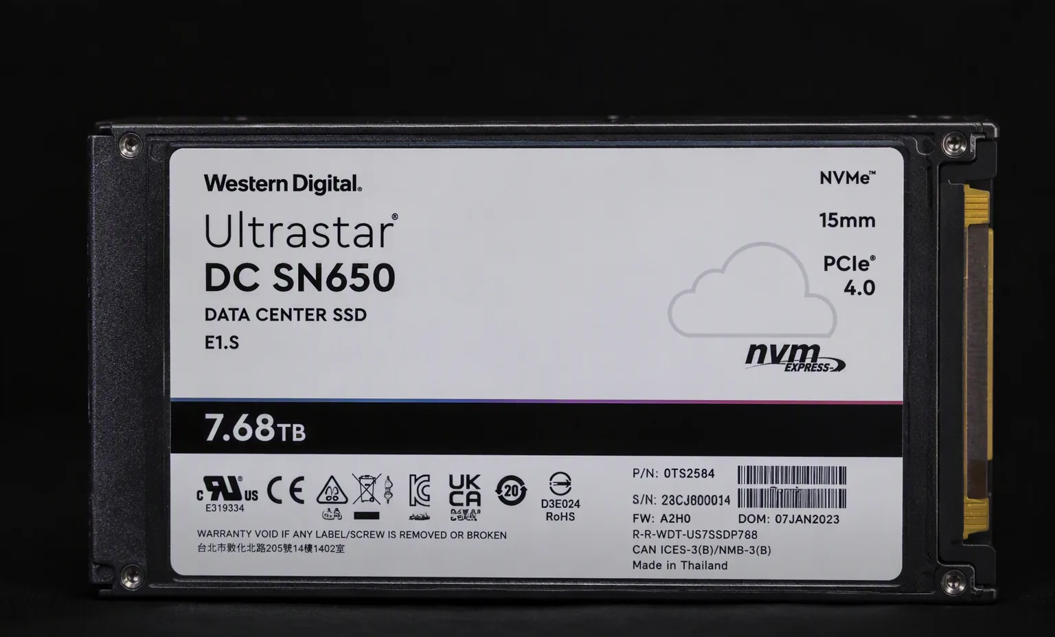 WD Ultrastar DC SN650 enterprise E1.S NVMe SSD slim form factor, label view, dark studio.