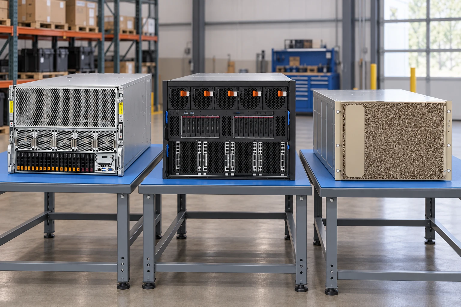 Supermicro SYS-821GE-TNHR, Lenovo ThinkSystem SR680a V3, NVIDIA DGX H100 reference-based warehouse scene; hardware separately supported on blue antistatic mats.