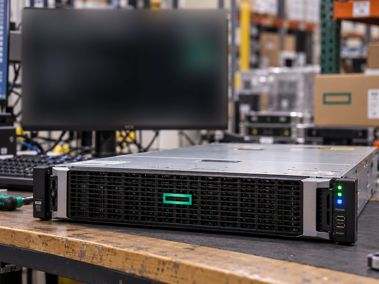 HPE Compute workbench / three-quarter view — AI-generated scene illustration, not an actual inventory photograph