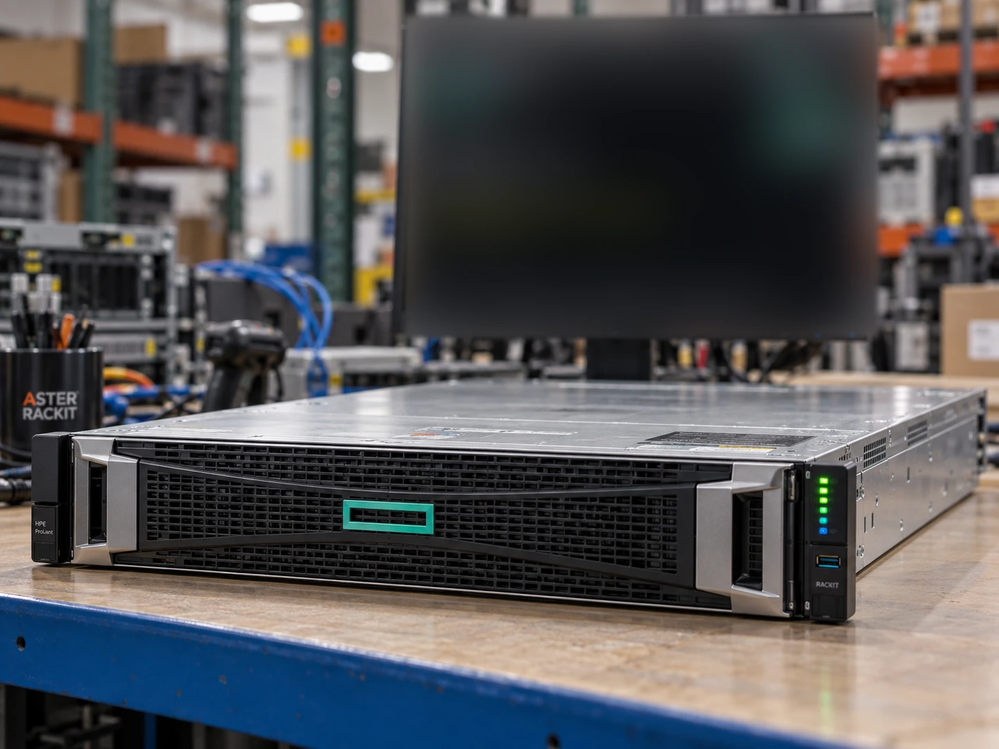 HPE ProLiant workbench / angled chassis — AI-generated scene illustration, not an actual inventory photograph