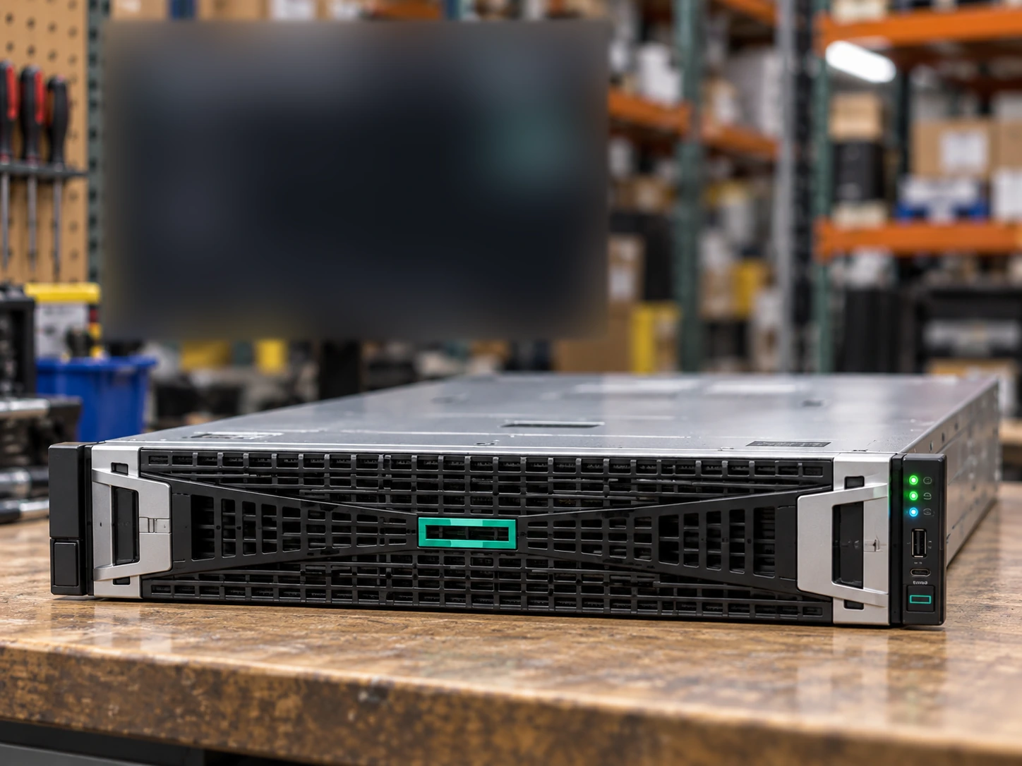 HPE Compute workbench / front chassis — AI-generated scene illustration, not an actual inventory photograph