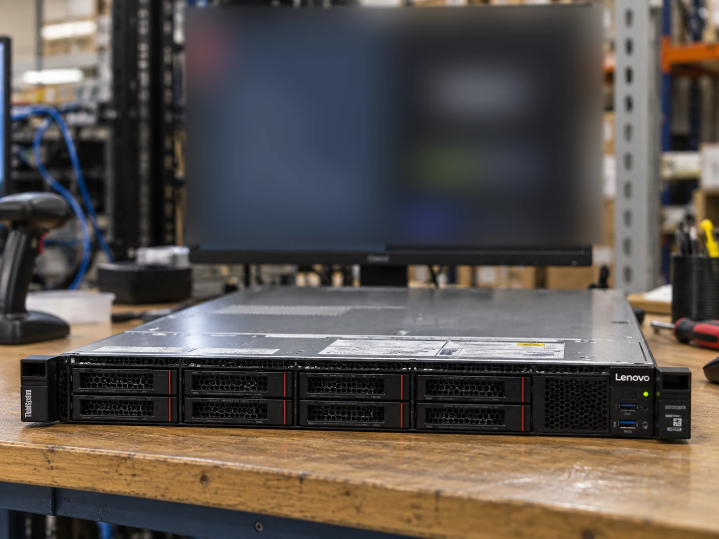 Lenovo workbench / low-profile chassis — AI-generated scene illustration, not an actual inventory photograph