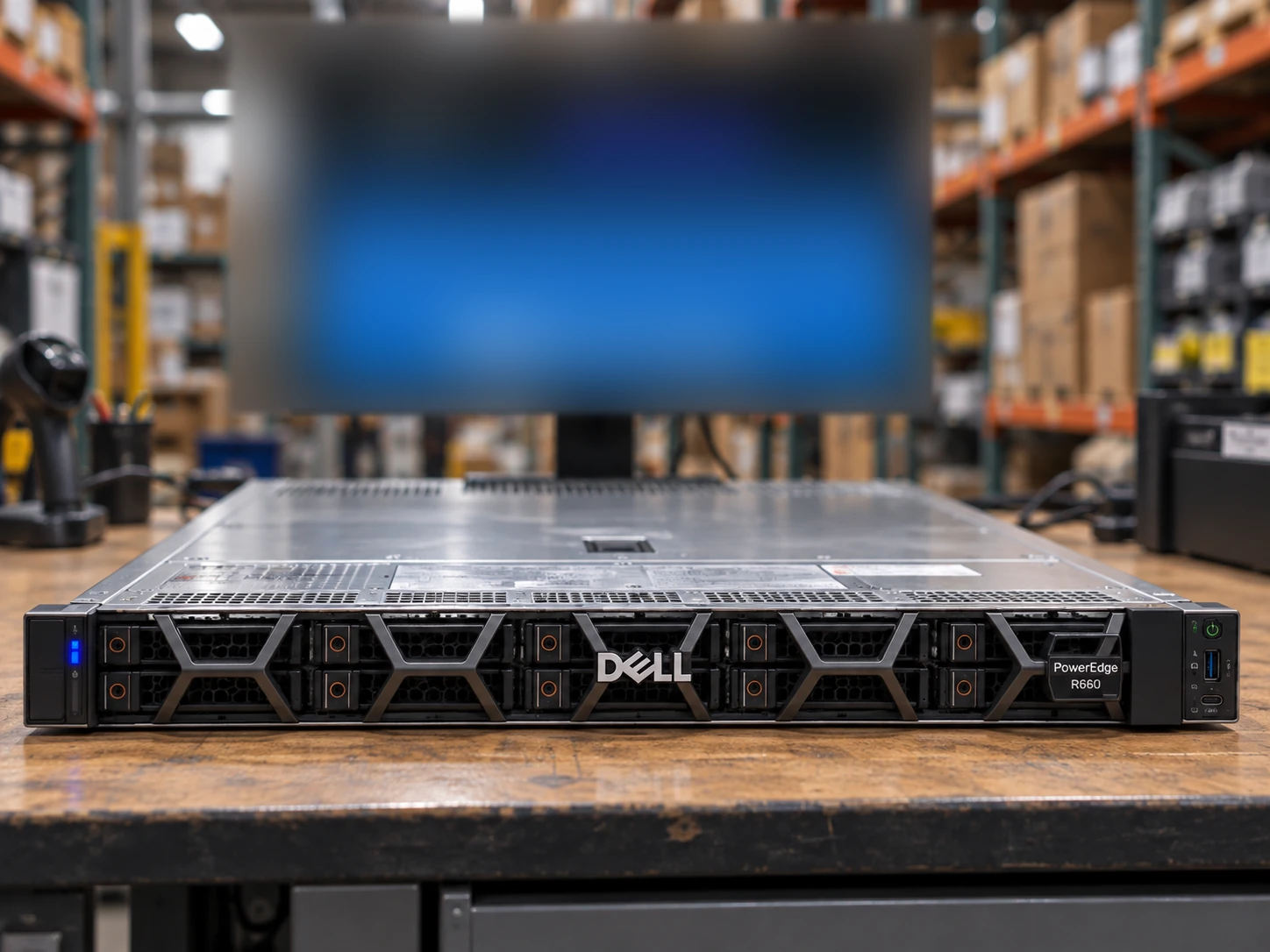 Dell workbench / 1U-family presentation — AI-generated scene illustration, not an actual inventory photograph