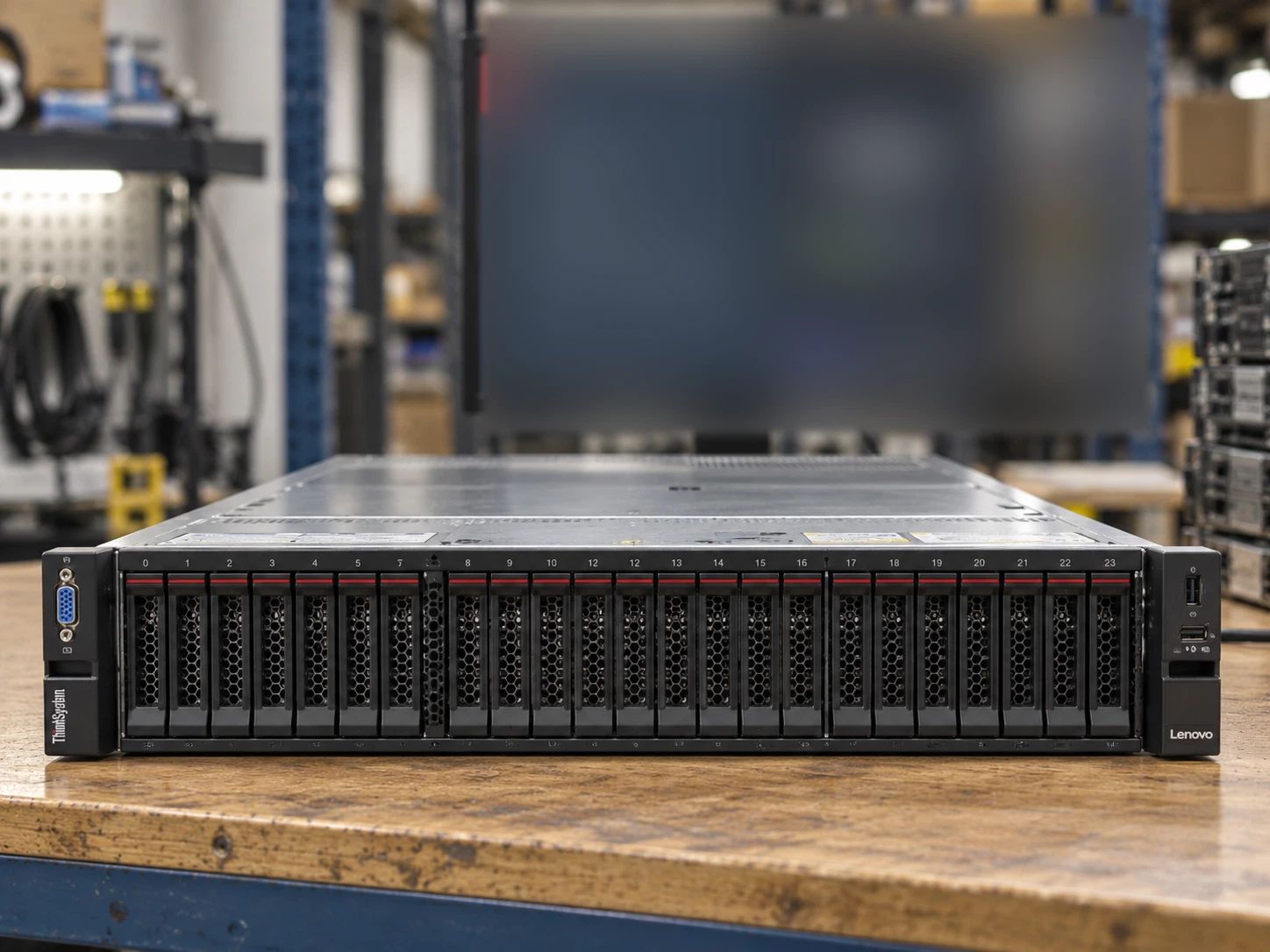 Lenovo workbench / drive-bay presentation — AI-generated scene illustration, not an actual inventory photograph