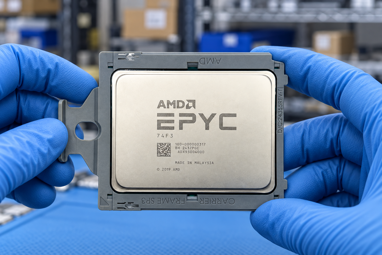AMD EPYC 74F3 held by two blue-gloved hands above a blue electronics workbench; generated scene