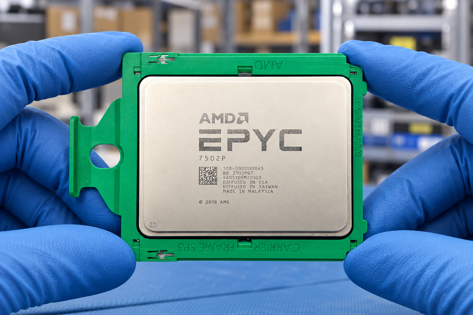 AMD EPYC 7502P held by two blue-gloved hands above a blue electronics workbench; generated scene