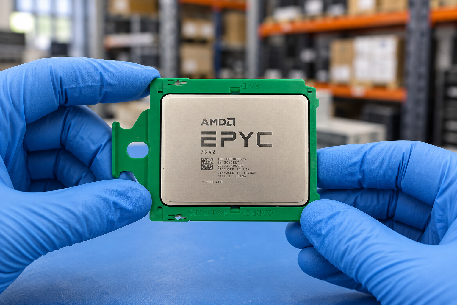 AMD EPYC 7542 held by two blue-gloved hands above a blue electronics workbench; generated scene