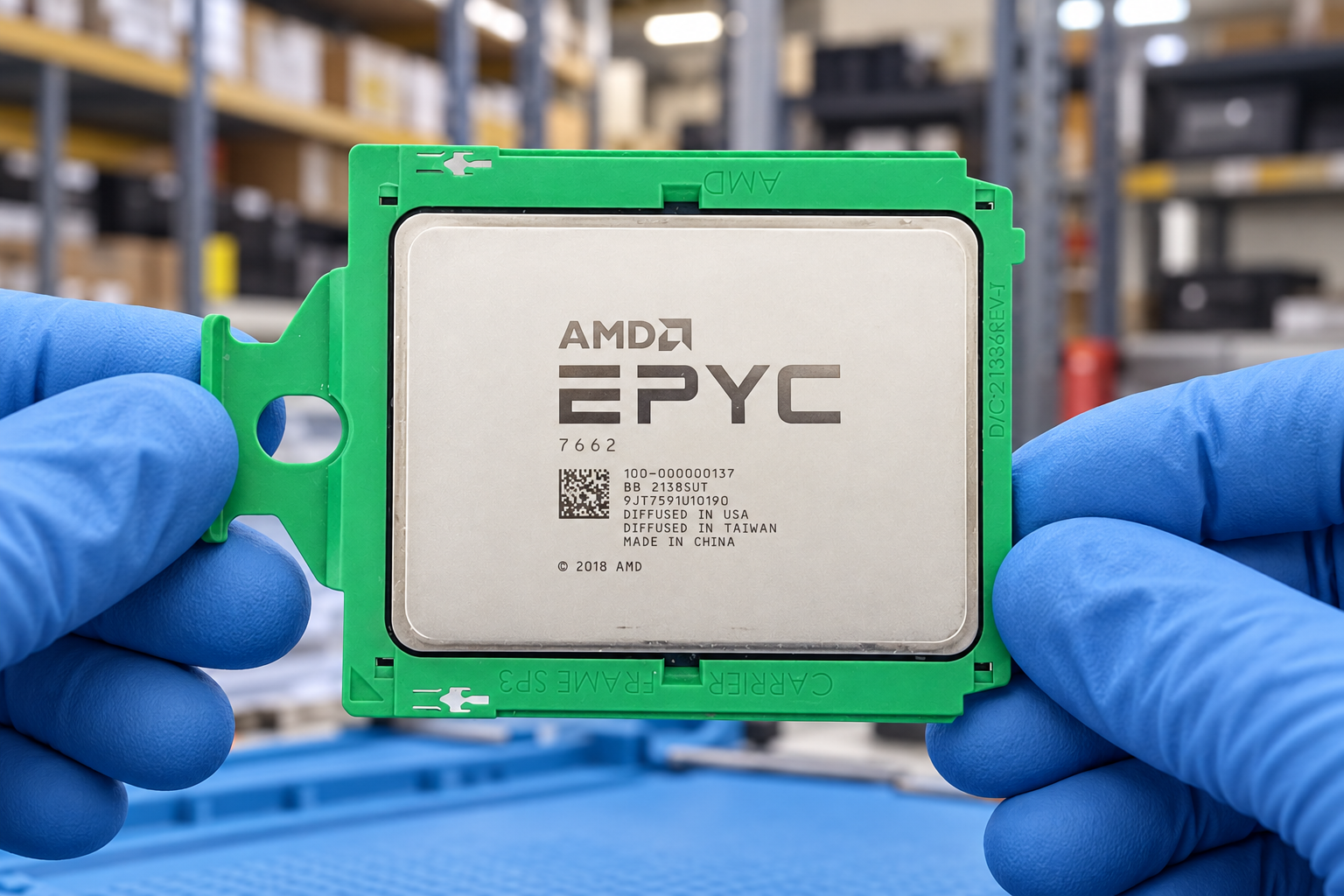 AMD EPYC 7662 held by two blue-gloved hands above a blue electronics workbench; generated scene