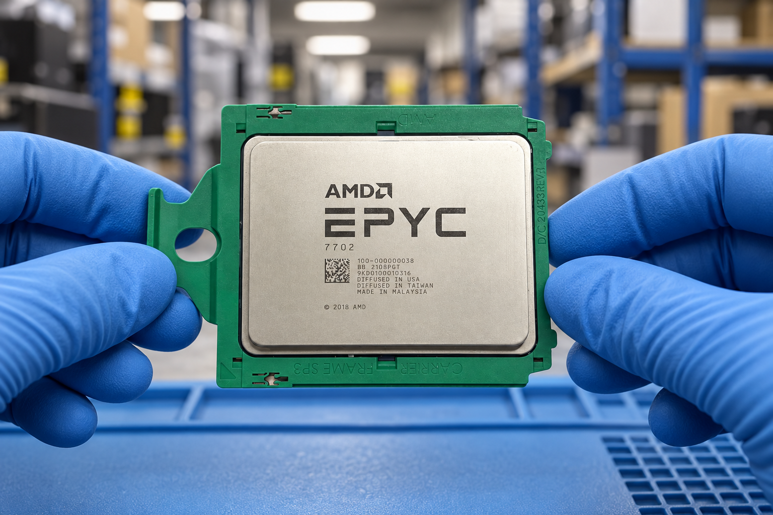 AMD EPYC 7702 held by two blue-gloved hands above a blue electronics workbench; generated scene