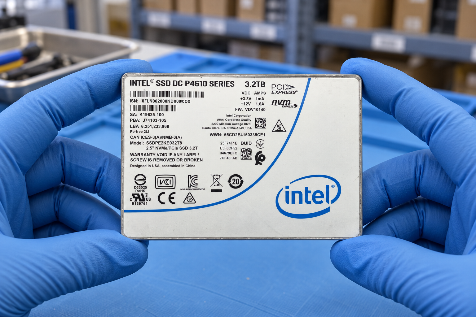 Intel SSDPE2KE032T8 held by two blue-gloved hands above a blue electronics workbench; generated scene