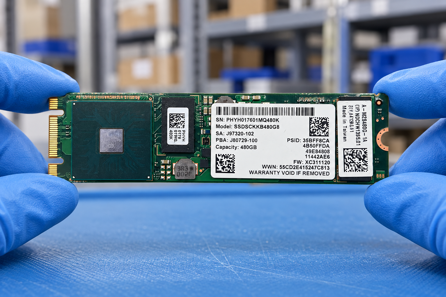 Intel SSDSCKKB480G8 held by two blue-gloved hands above a blue electronics workbench; generated scene