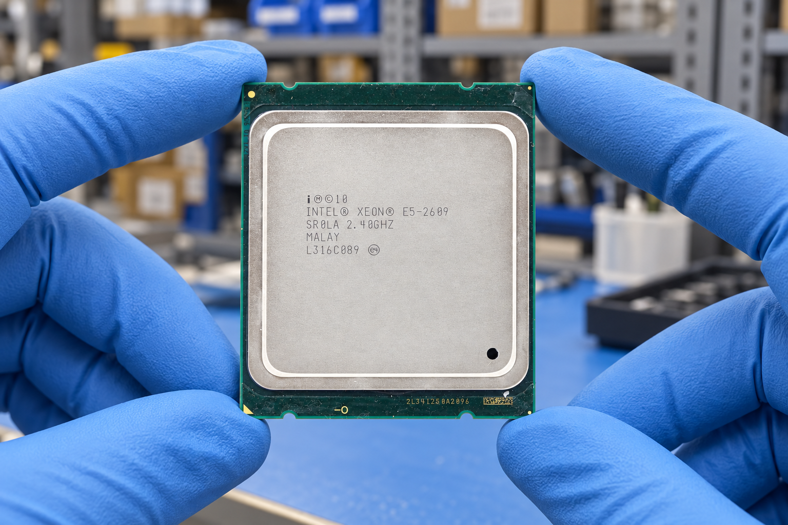 Intel Xeon E5-2609 held by two blue-gloved hands above a blue electronics workbench; generated scene