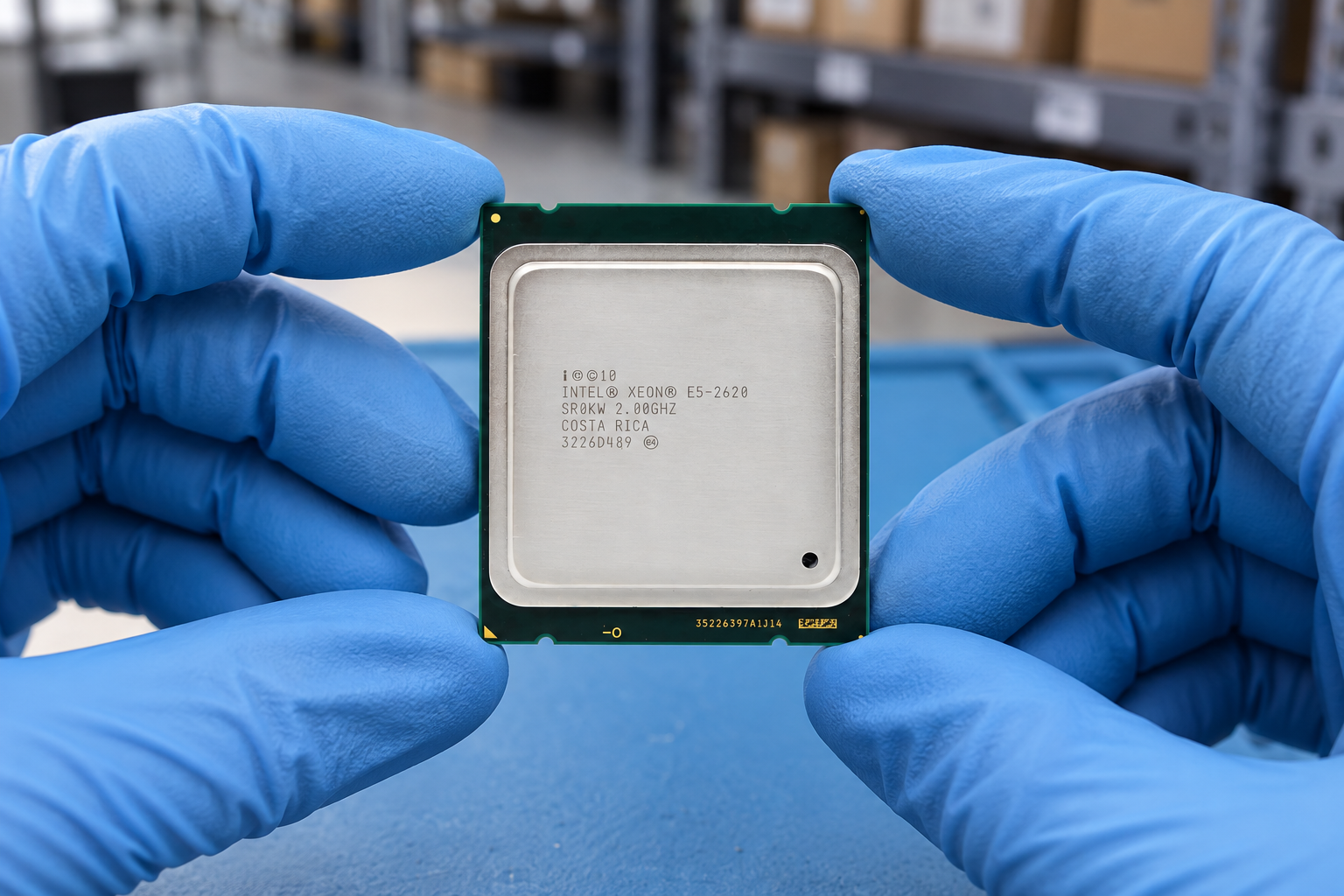 Intel Xeon E5-2620 held by two blue-gloved hands above a blue electronics workbench; generated scene