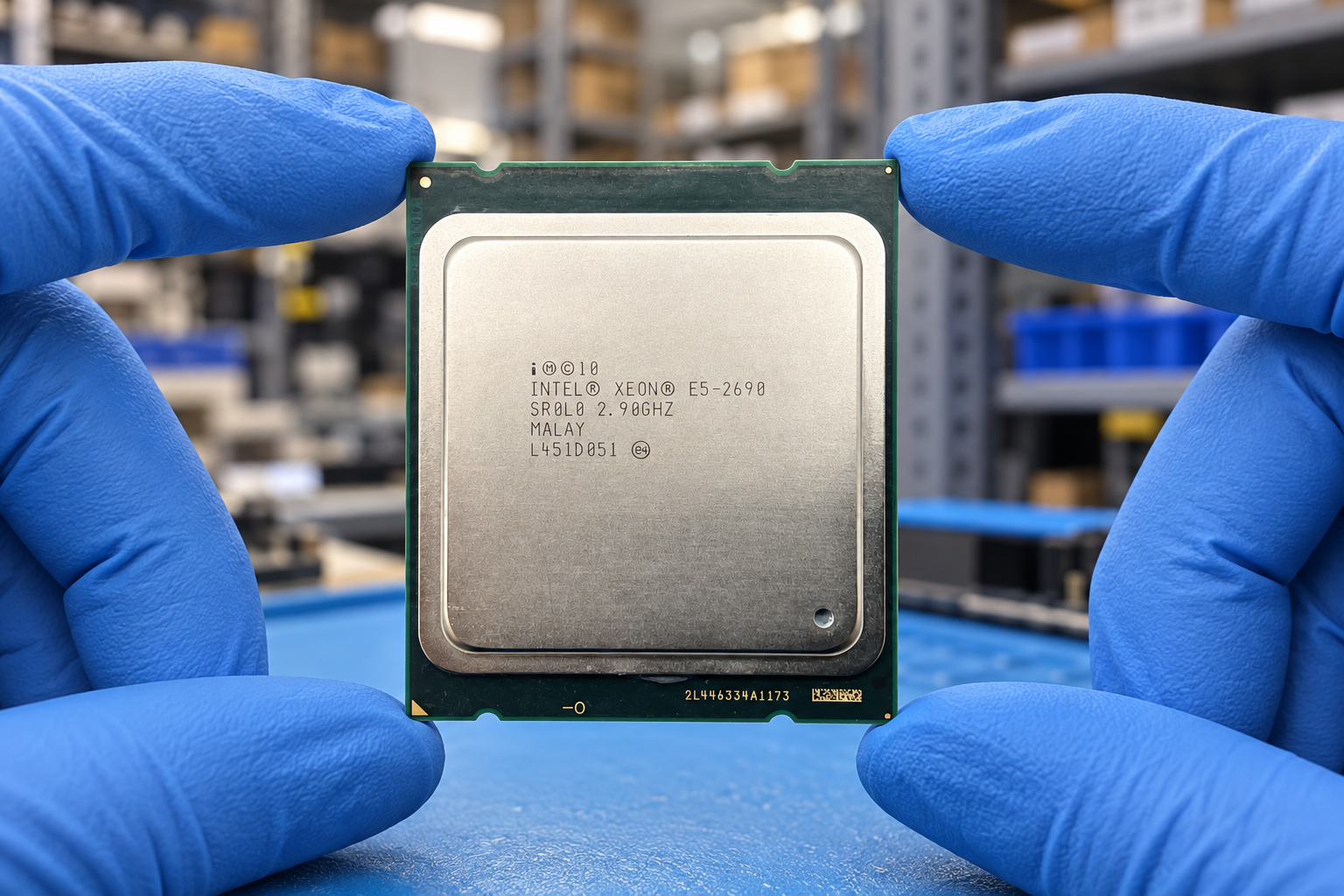 Intel Xeon E5-2690 held by two blue-gloved hands above a blue electronics workbench; generated scene