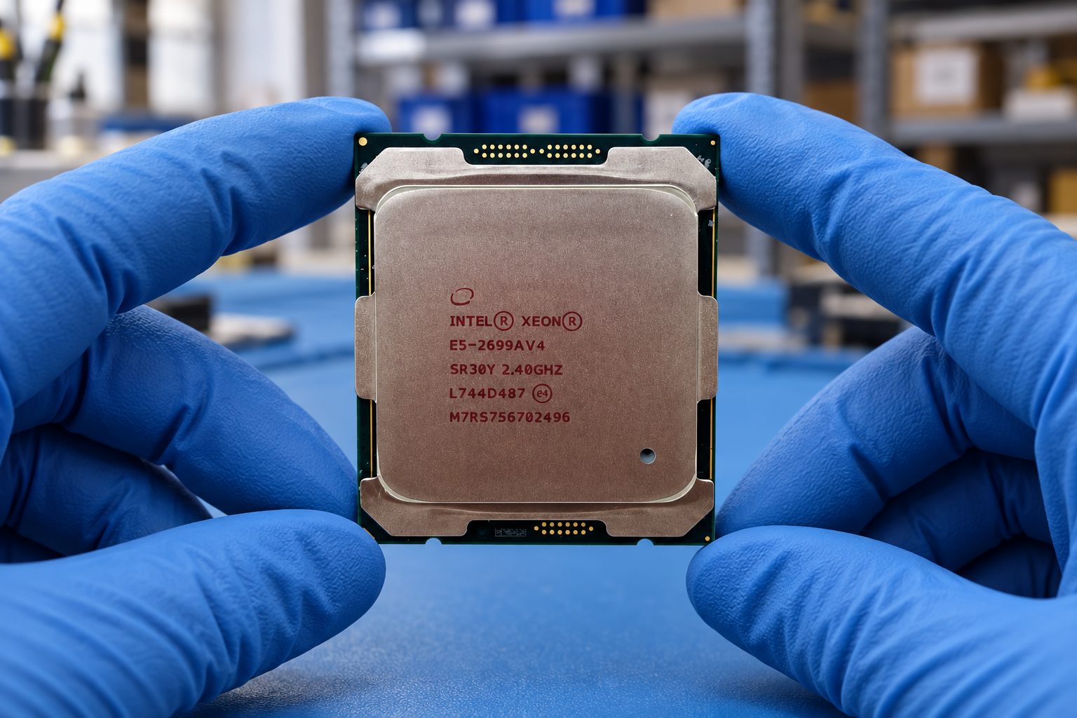 Intel Xeon E5-2699A v4 held by two blue-gloved hands above a blue electronics workbench; generated scene
