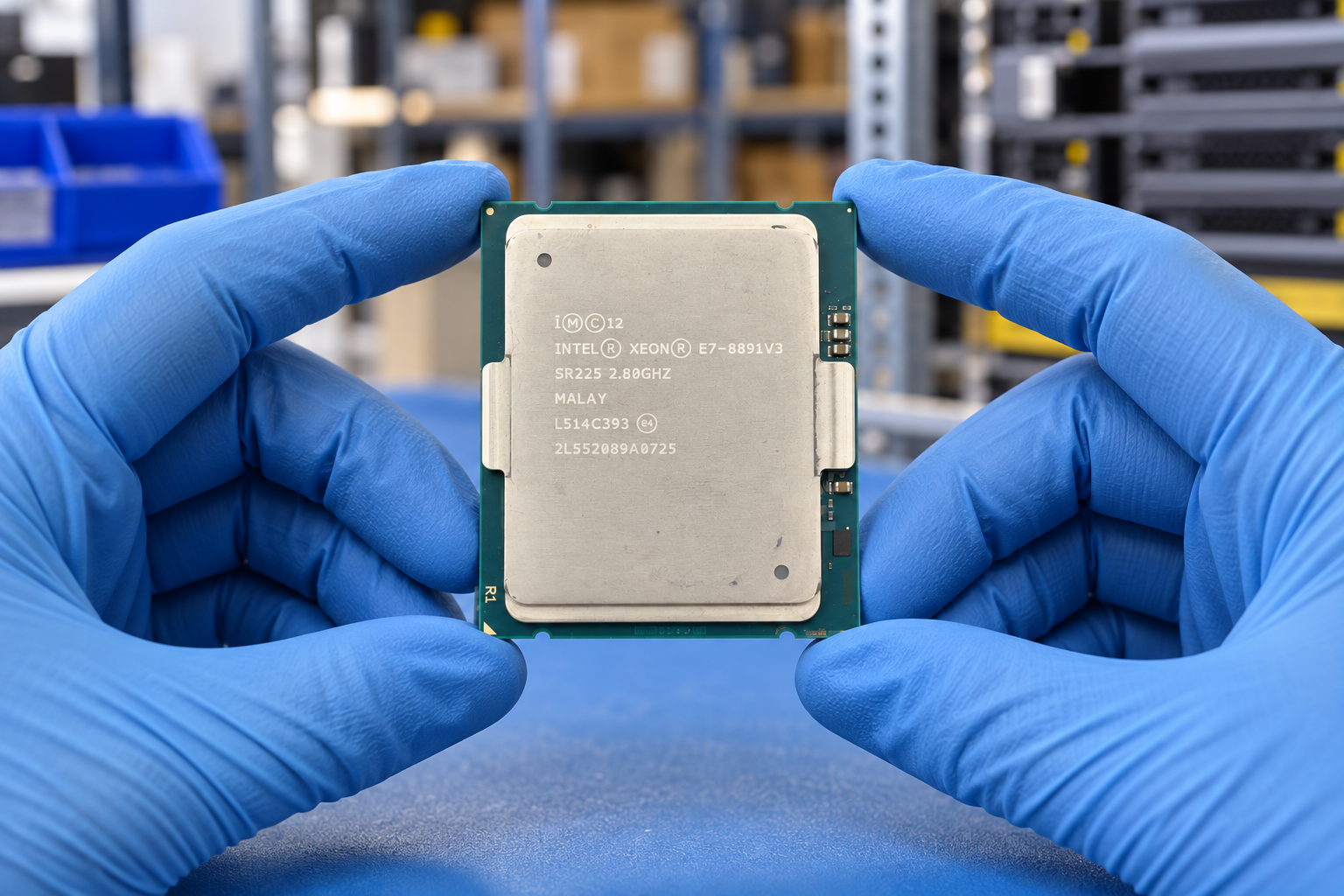 Intel Xeon E7-8891 v3 held by two blue-gloved hands above a blue electronics workbench; generated scene